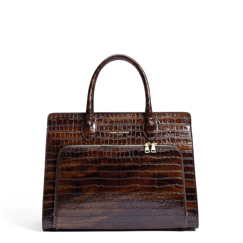 Isabel Bernard Honoré Nadine croco marron sac à main en cuir de veau avec compartiment pour ordinateur portable 13 pouces IB25110-230-13-zoom-