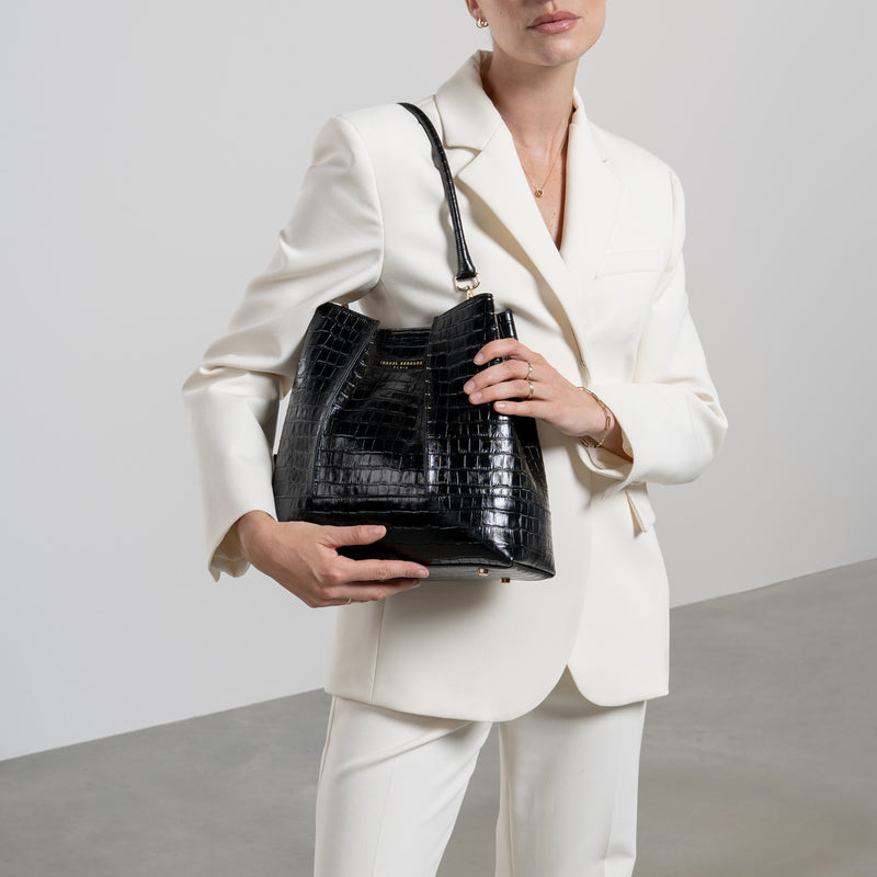 Isabel Bernard Femme Forte Sac à main Macie Croco en cuir de veau noir IB25074-201-zoom-