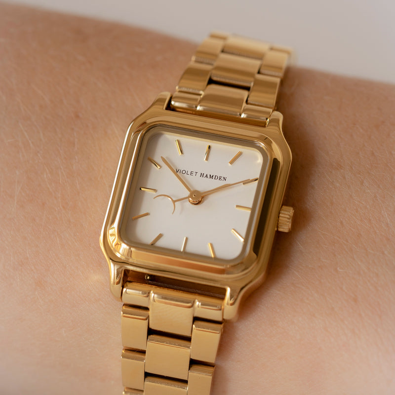 Violet Hamden Dawn Base Montre Carrée Femme Dorée et Blanche VH09040-zoom-