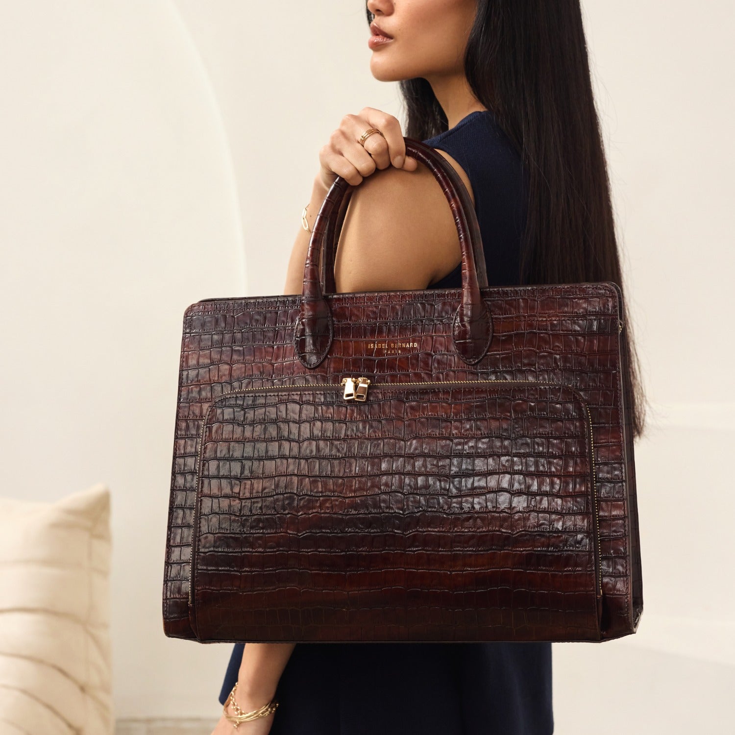 Isabel Bernard Honoré Nadine Croco Brown Leather Handbag made of Calfskin IB25034