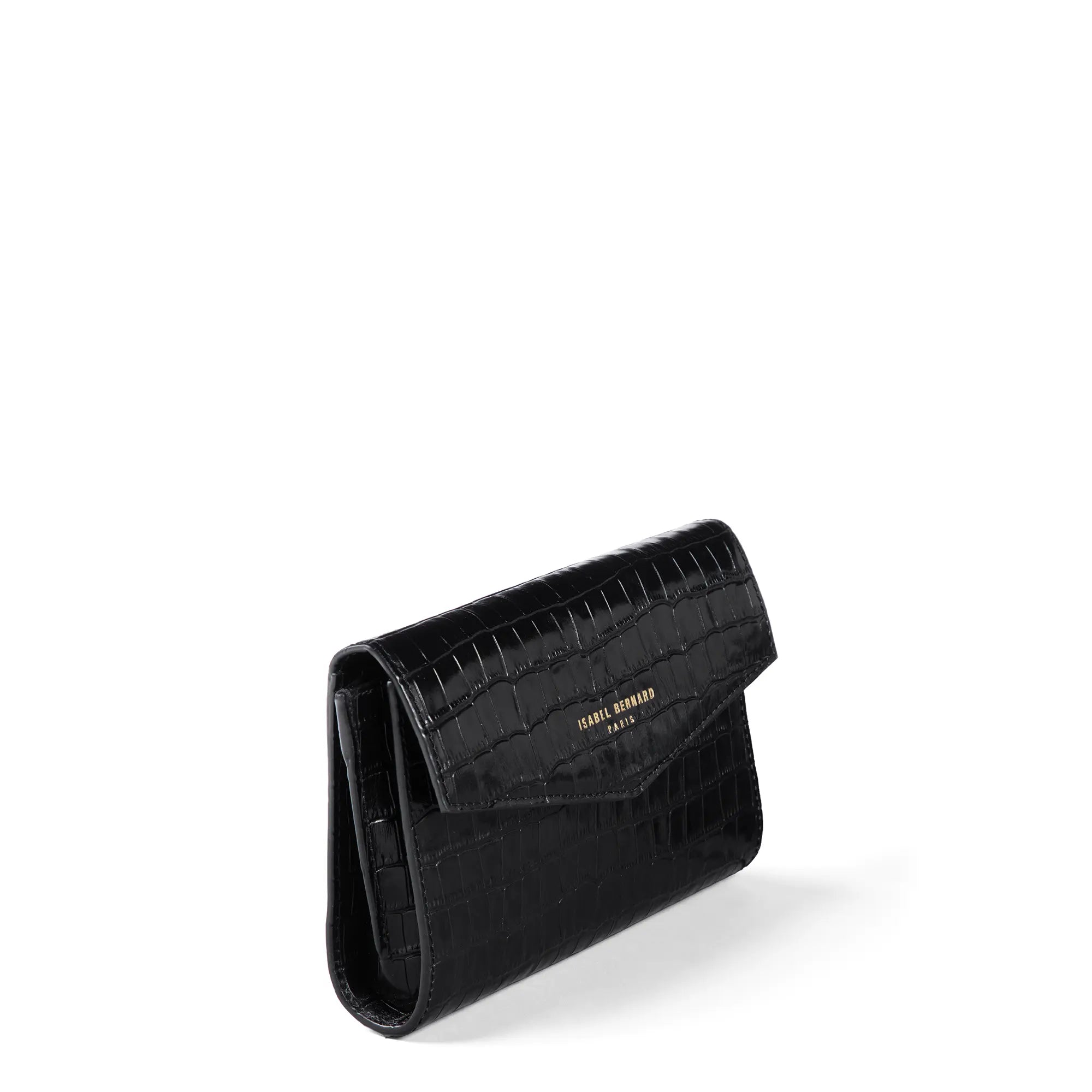 Isabel Bernard Honoré Lina Croco Black Clutch With Detachable Shoulder Chain IB21135-201