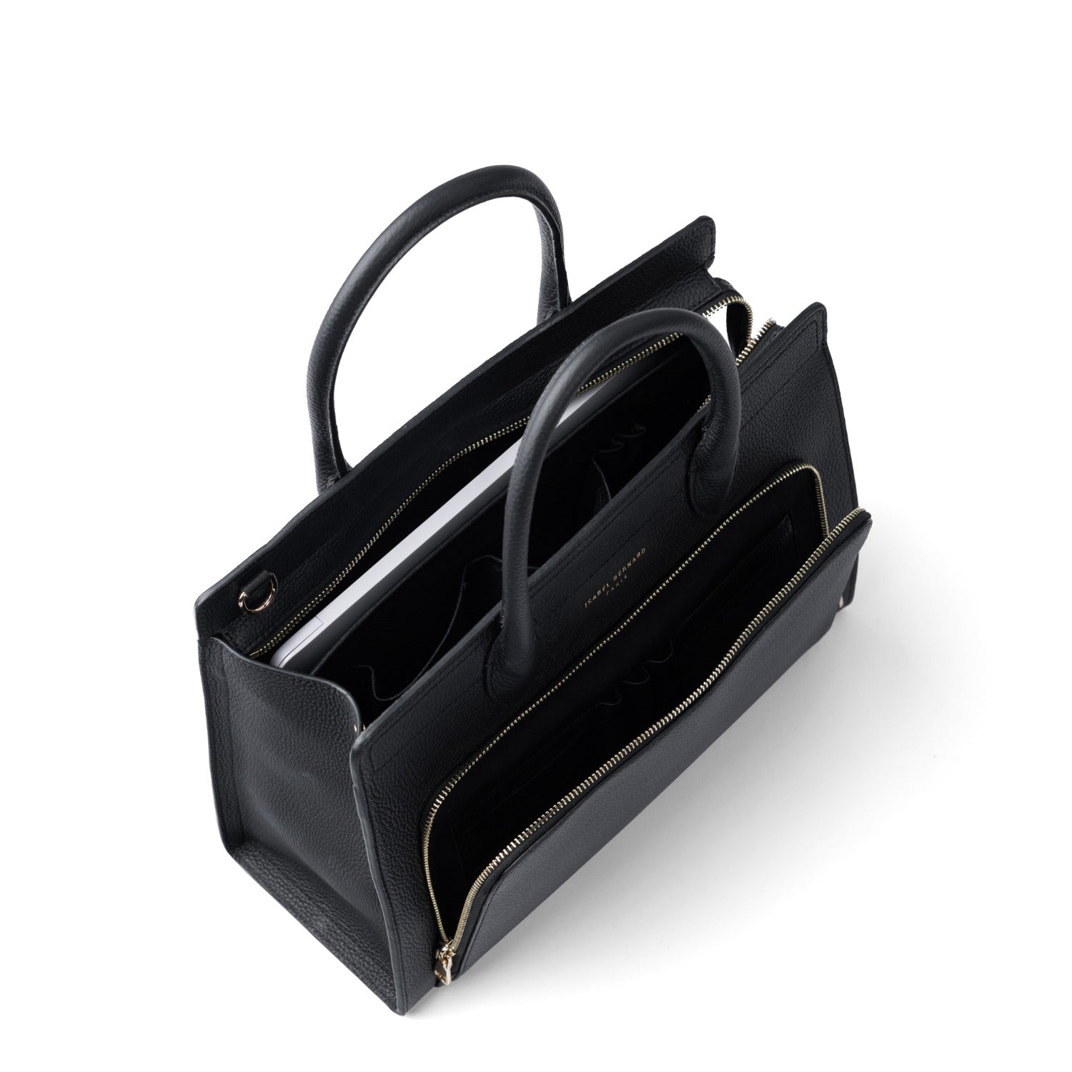 Isabel Bernard Honoré Nadine black calfskin leather handbag with 13 inch laptop compartment IB25110-001-13