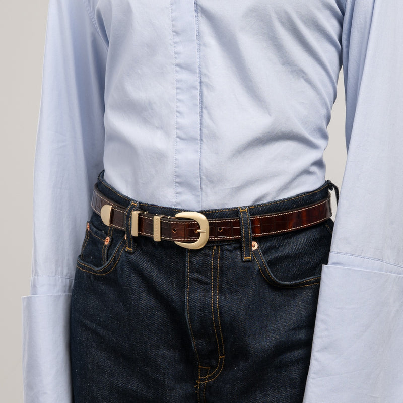 Isabel Bernard Rêveur Mathilde Ceinture en cuir de veau croco marron avec boucle dorée IB60020-230-90-zoom-