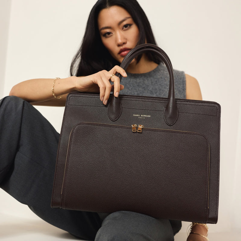 Isabel Bernard Sac à main Nadine en cuir de veau marron avec compartiment pour ordinateur portable IB25087-zoom-