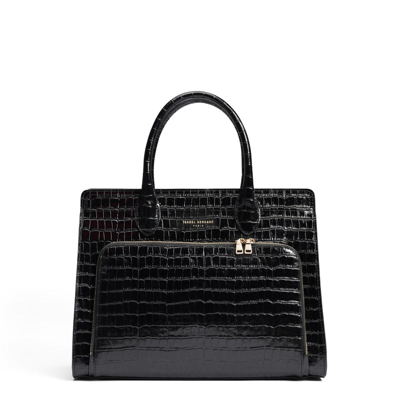 Isabel Bernard Honoré Nadine croco noir sac à main en cuir de veau avec compartiment pour ordinateur portable 13 pouces IB25110-201-13-zoom-