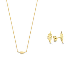 Isabel Bernard Cadeau d'Isabel 14 karat gold necklace and ear studs gift set with feather IB90186