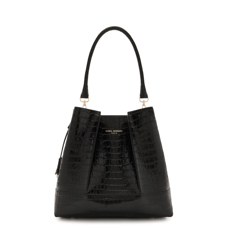 Isabel Bernard Femme Forte Sac à main Macie Croco en cuir de veau noir IB25074-201-zoom-