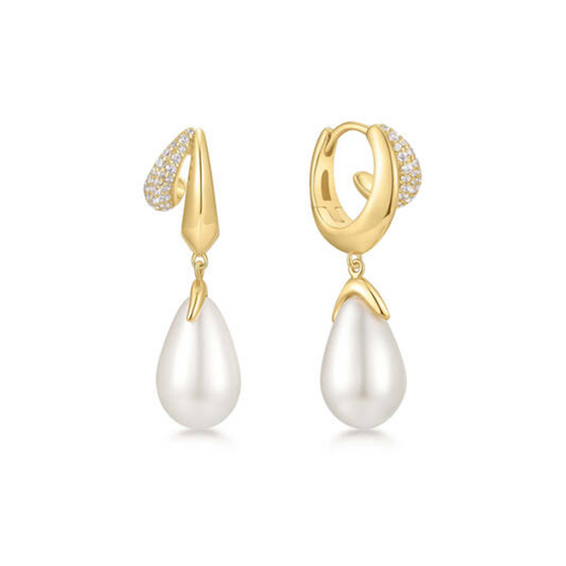 Ania Haie Reimaginer Gold Coloured Shell Pearl Drop Hoop Earrings AH-E069-09G-zoom-