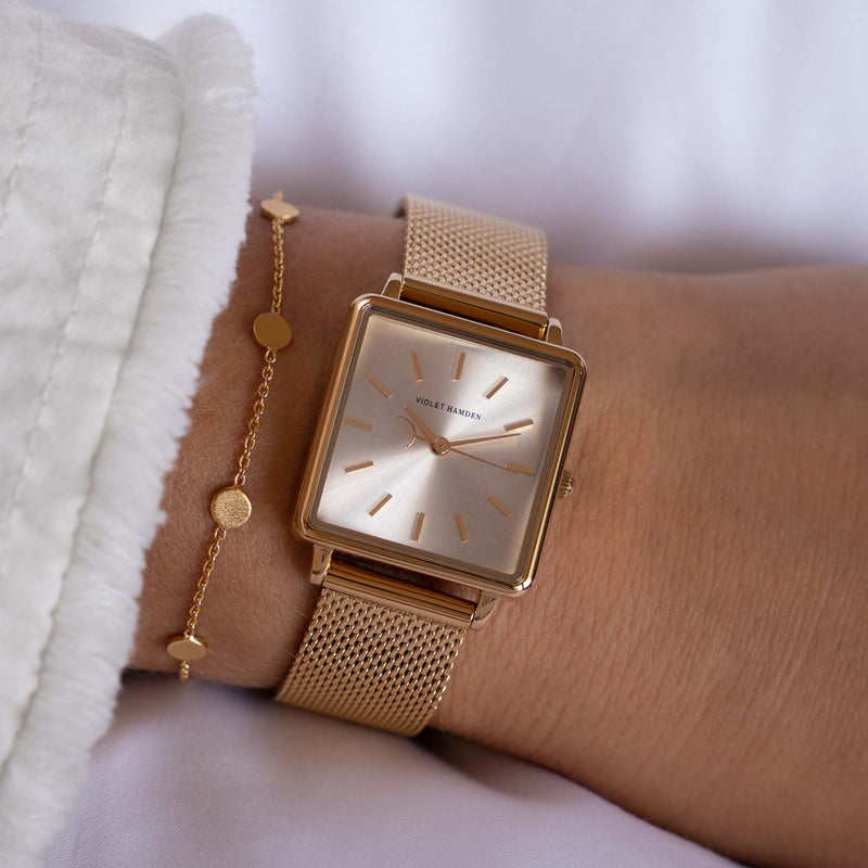 Violet Hamden Dawn Base Montre Carrée Femme Dorée et Argentée VH09024-zoom-