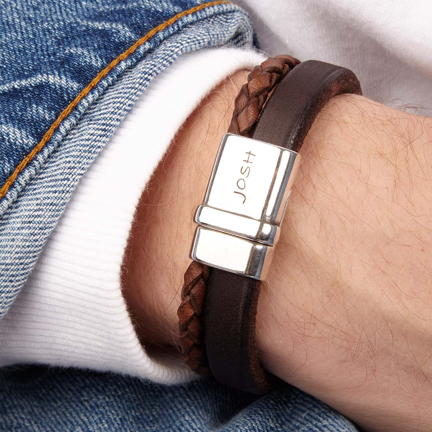 Josh Silver Brown Armband 09110-BRA-BROWN-L (Lengte: 23.00 cm)