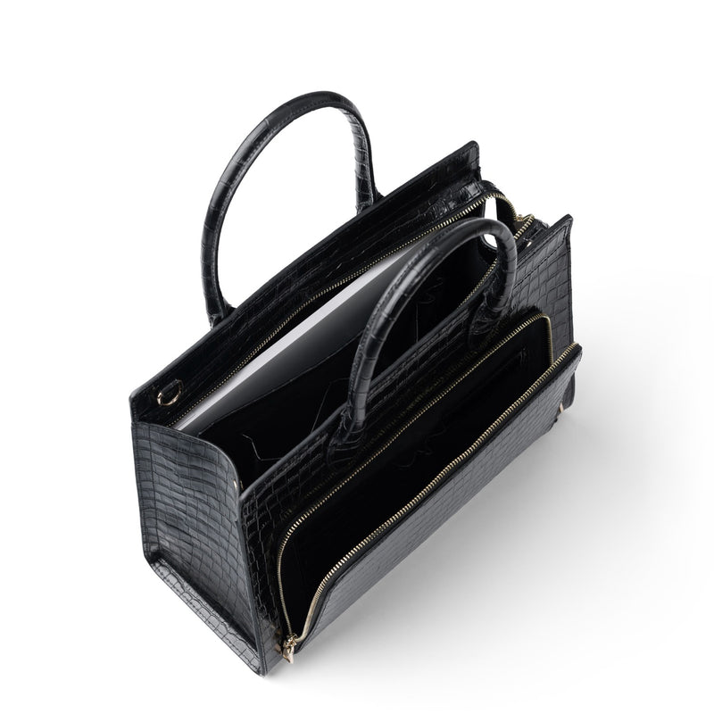 Isabel Bernard Honoré Nadine croco noir sac à main en cuir de veau avec compartiment pour ordinateur portable 13 pouces IB25110-201-13-zoom-