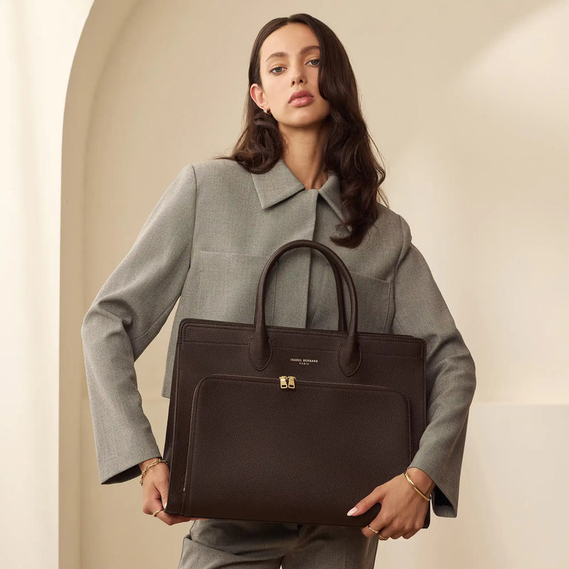 Isabel Bernard Sac à main Nadine en cuir de veau marron avec compartiment pour ordinateur portable IB25087-zoom-