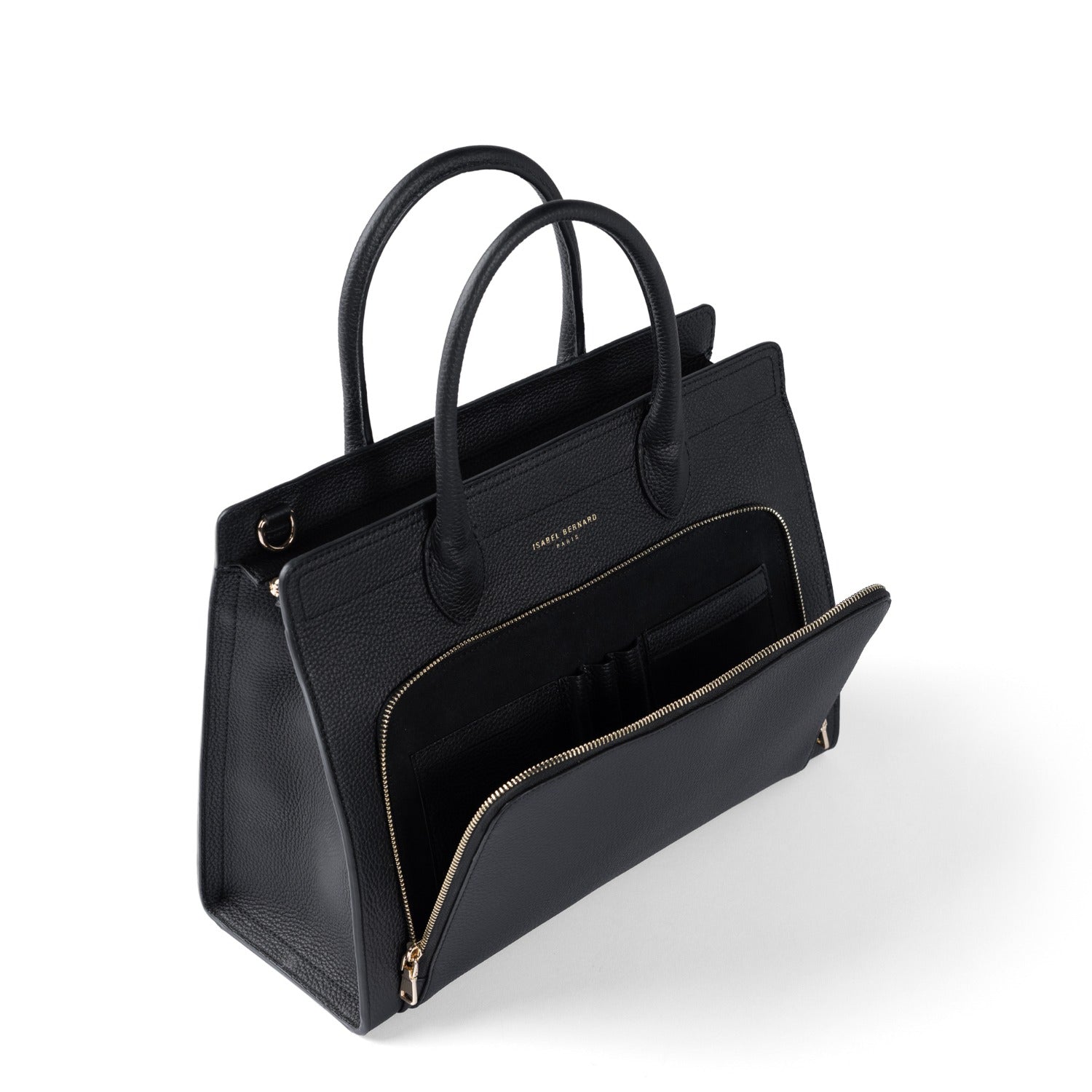 Isabel Bernard Honoré Nadine black calfskin leather handbag with 13 inch laptop compartment IB25110-001-13
