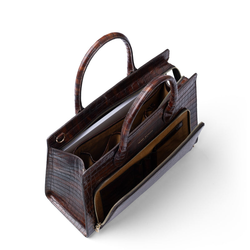 Isabel Bernard Honoré Nadine croco marron sac à main en cuir de veau avec compartiment pour ordinateur portable 13 pouces IB25110-230-13-zoom-