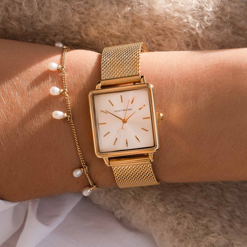 Violet Hamden Dawn Base Montre Carrée Femme Dorée et Argentée VH09024-zoom-