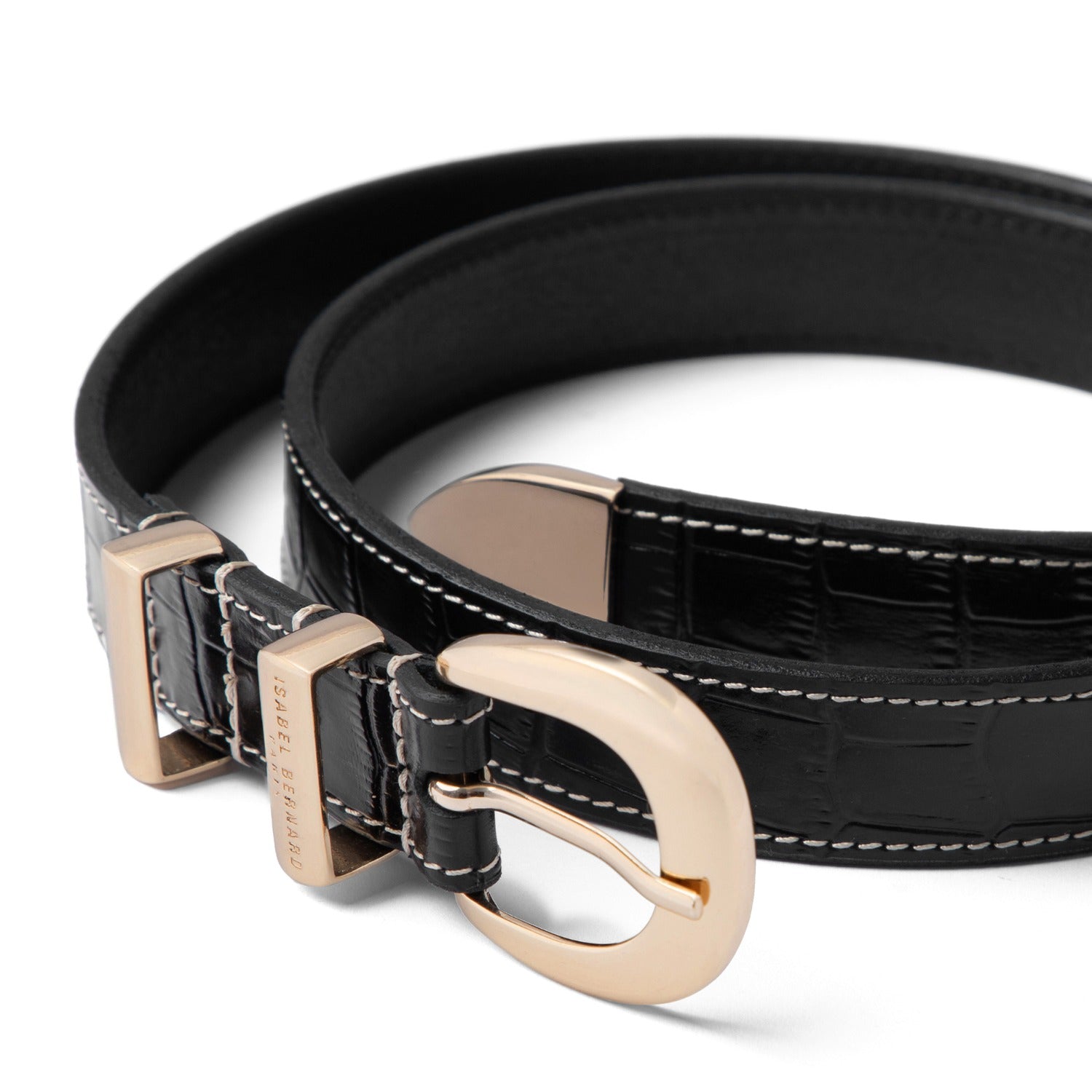 Isabel Bernard Rêveur Mathilde Croco Black calfskin belt with gold-coloured buckle IB60020-201-80