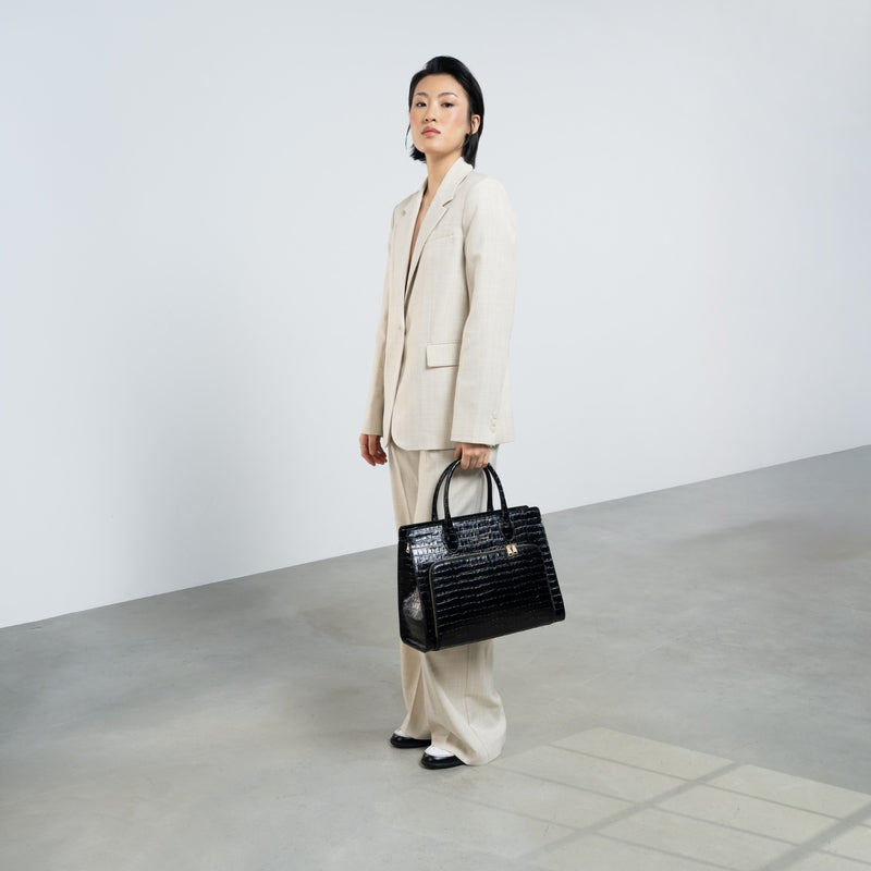 Isabel Bernard Honoré Nadine croco noir sac à main en cuir de veau avec compartiment pour ordinateur portable 13 pouces IB25110-201-13-zoom-