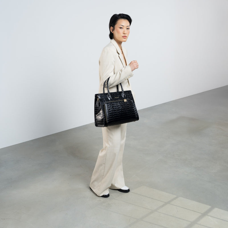 Isabel Bernard Honoré Nadine croco noir sac à main en cuir de veau avec compartiment pour ordinateur portable 13 pouces IB25110-201-13-zoom-