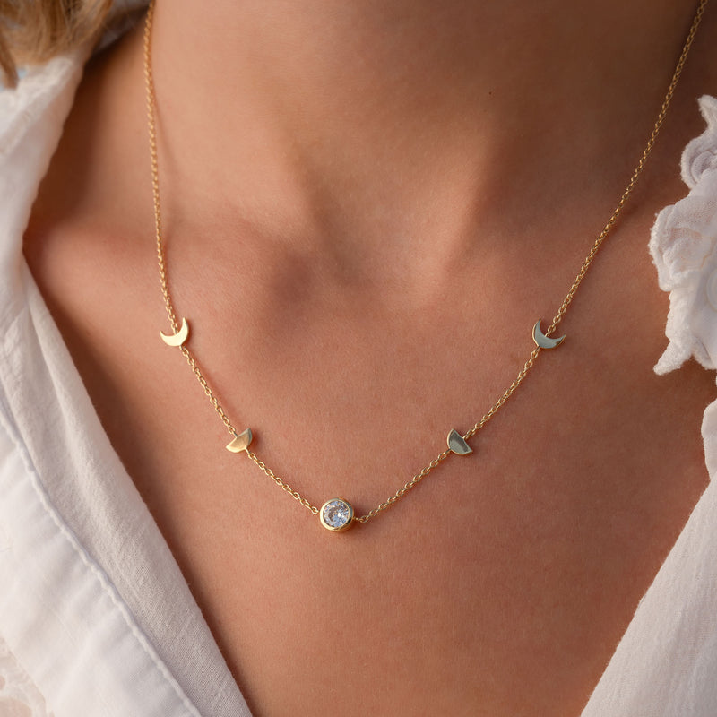 Violet Hamden Luna Collier en Argent 925 Sterling Plaqué Or avec Lunes et Pierre de Zircon Blanc VH340044-zoom-